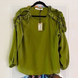 TELA Prism Blouse 100% Silk Ruffle Shoulders Army Green NWT SZ S Made in Italy
